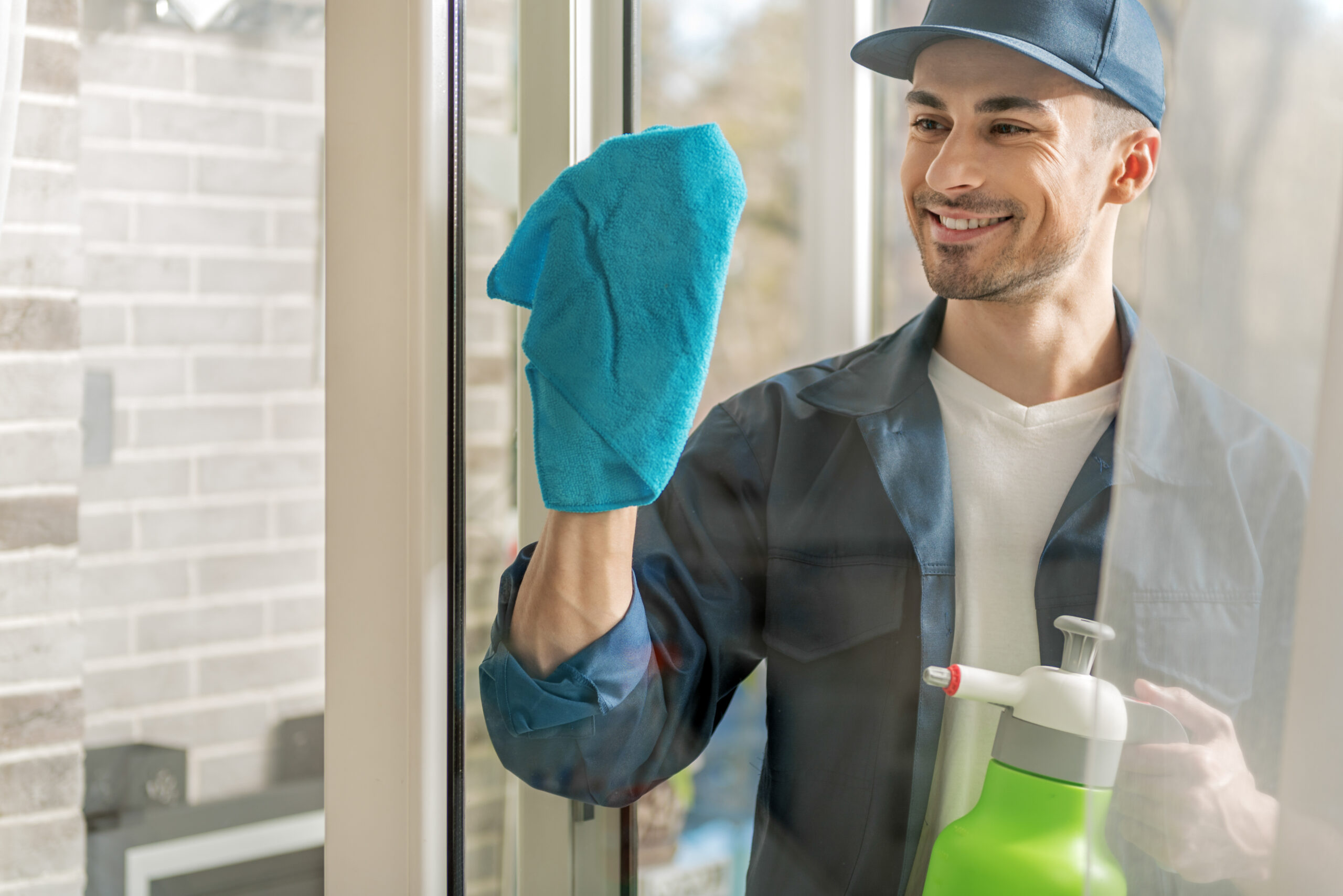 Cheerful,Male,Person,Cleaning,Window